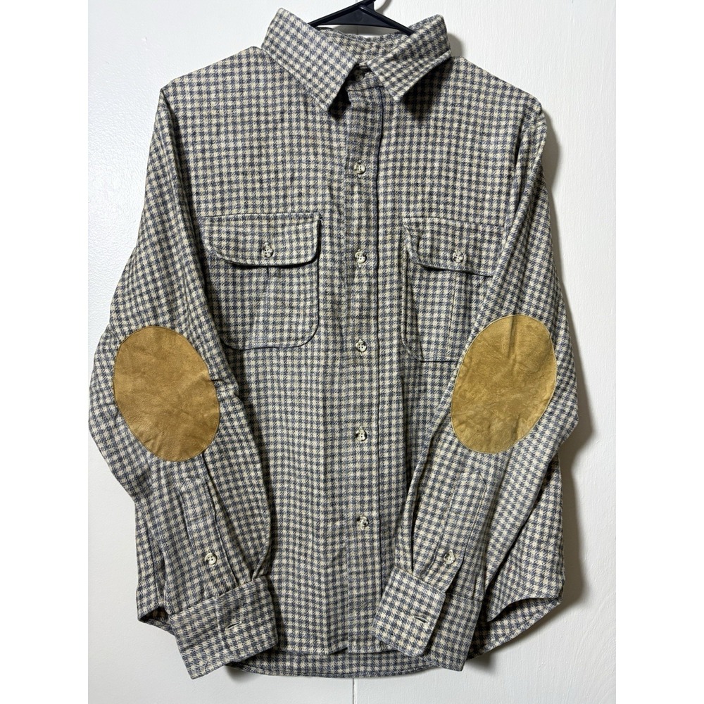 VTG Lord Jeff Wool Houndstooth Shirt Jacket Suede Elbow Patches USA M Hunting
